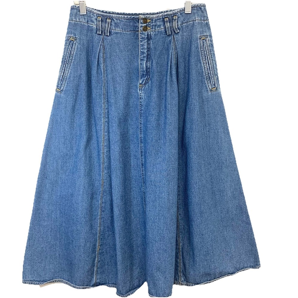 LizWear Vintage Midi Denim Skirt Front Pleats Pockets 100% Cotton Full Sz 12P - Picture 1 of 9